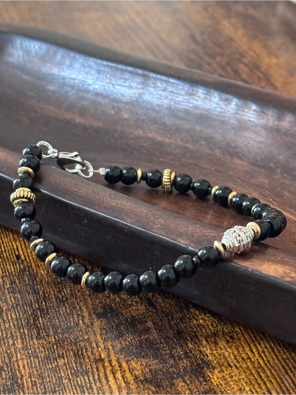 Black Onyx Beaded Bracelet with Gold Accents